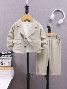 SHEIN Unisex Baby Solid Color Lapel Coat Wide-leg Trousers Two-piece Set - Apricot - View 10