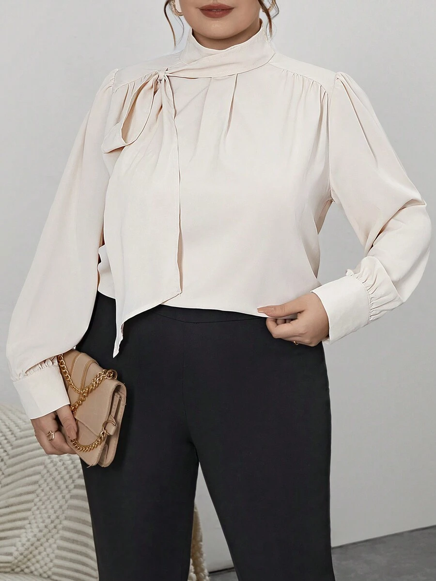 SHEIN Privé Plus Size Women's Tie Neck Button Up Shirt - Apricot - View 1