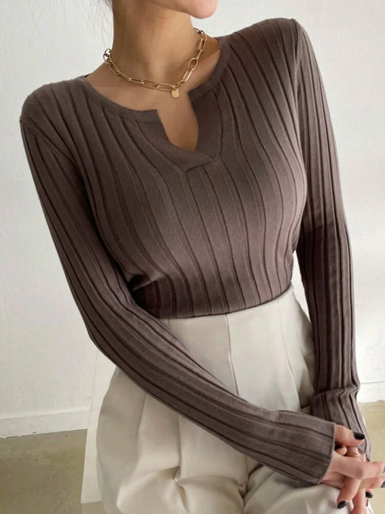 Knitted Sweater With Notched-Neck & Ribbed Hem Fall