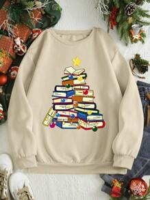 SHEIN EZwear Women's Sweatshirt With Books And Stars Print - Beige - View 1
