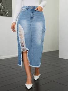 Women's Flap Pocket Distressed Frayed Hem Denim Skirt - Medium Wash - View 5