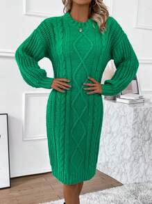 SHEIN LUNE Solid Color Woolen Drop Shoulder Sweater Dress - Green - View 4