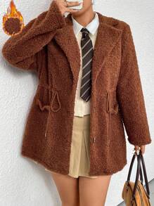 Flirla 加抽繩腰翻領泰迪大衣 - 棕色 - 查看 6