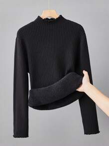 SHEIN 青少年女孩立領扭紋絨毛衣 - 黑色 - 查看 1