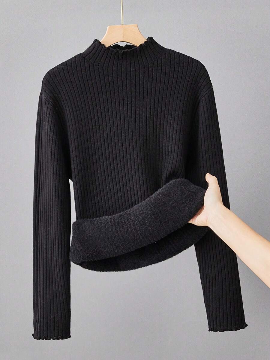 SHEIN 青少年女孩立領扭紋絨毛衣 - 黑色 - 查看 1