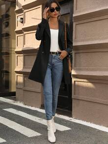 SHEIN Clasi 雙排扣西裝領帶帶風衣 - 黑色 - 查看 6