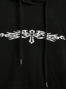 ROMWE Goth 女士十字印花束口連帽衫 - 黑色 - 查看 4