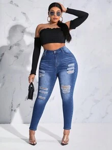 SHEIN SXY Jeans De Gran Tamaño - Azul lavado medio - Ver 6