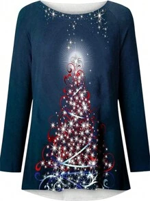 SHEIN EZwear Plus Size Christmas Printed T-shirt - Navy Blue - View 3