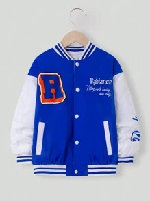 SHEIN Áo khoác độn vai Tween Boy Letter Graphic Sọc Viền Thả Vai - Màu xanh lam - Xem 5