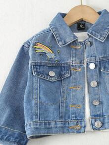 Girls' Daily Wear Cartoon Embroidery Short Denim Jacket - Medium Wash - View 5