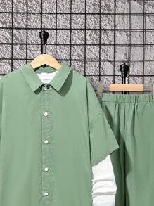 SHEIN 3pcs/set Tween Boys' Casual Letter Printed Turn-down Collar Shirt And Pants With T-shirt - Green - View 4