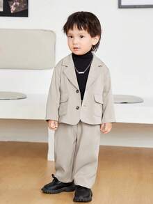 SHEIN Unisex Baby Solid Color Lapel Coat Wide-leg Trousers Two-piece Set - Apricot - View 6