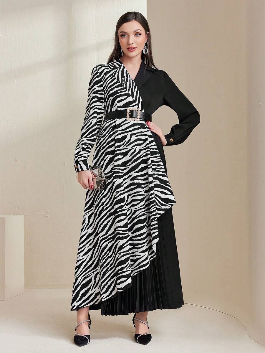 Modelyn Mô hình ngựa vằn Khối màu Xếp li Dài Đầm - Đen và trắng - Xem 1