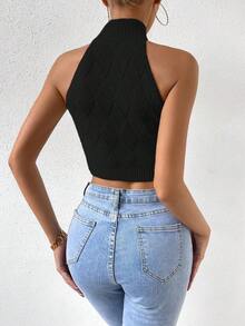 SHEIN Essnce 女款短菱形圖案針織上衣 - 黑色 - 查看 2