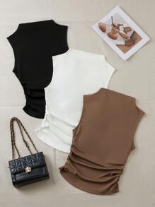 SHEIN LUNE 3pcs Màu thuần Xếp li Áo ba lỗ Bộ - Nhiều màu - Xem 7