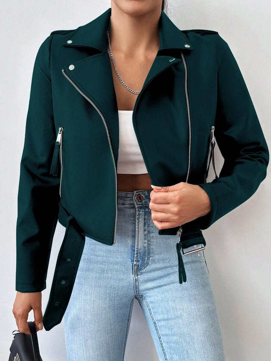 SHEIN Cottnline Women's Turn-down Collar Zipper Front Jacket - Dark Green - View 1
