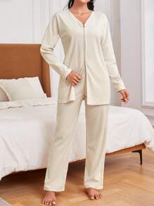 女士純色兩用拉鍊連身褲,適合家居穿著 - 白色 - 查看 6