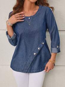 SHEIN LUNE Women's Round Neck Denim Top - Blue - View 1