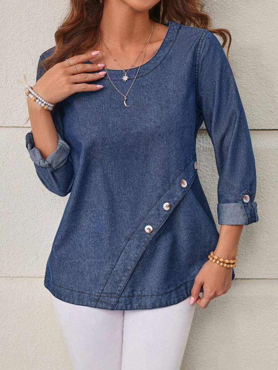 SHEIN LUNE Women's Round Neck Denim Top - Blue - View 1