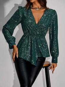 Zolique Tay áo dài Cổ chữ V Áo sơ mi Với Eo Thiết kế - Màu xanh lá cây đậm - Xem 6