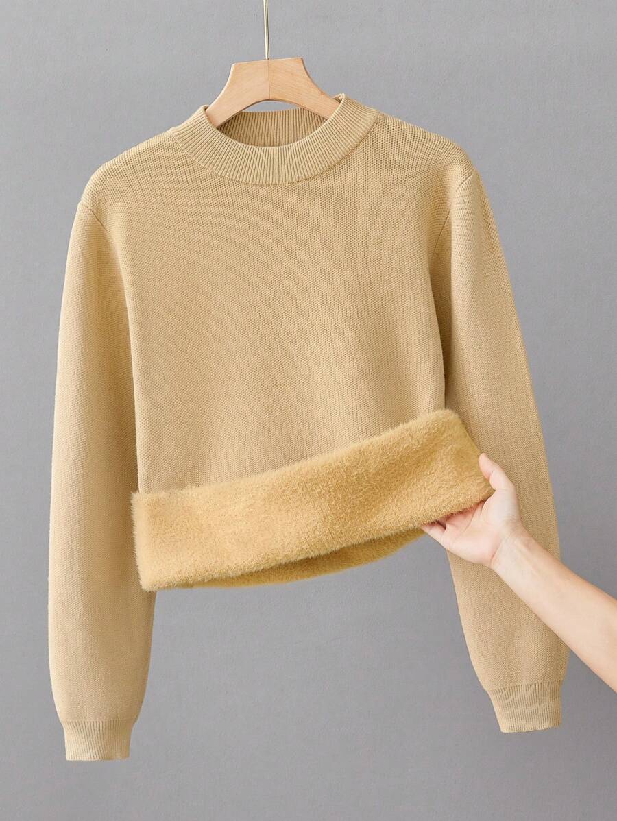 男童纯色保暖衬里毛衣 - 卡其色 - 查看 1