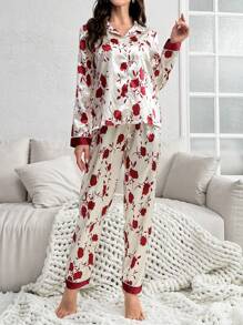 Conjunto de pijama elegante con estampado floral en toda la prenda para damas - Albaricoque - Ver 6