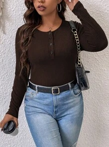 SHEIN Franclia Plus Size Button Half-placket T-shirt - Coffee Brown - View 1