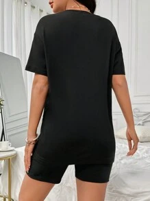 Conjunto de pijama shorts con camiseta con estampado de letra - Negro - Ver 2