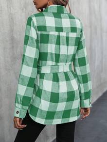 SHEIN LUNE Camisa A Cuadros Impresa Al Azar Con Cinturón - Verde - Ver 2