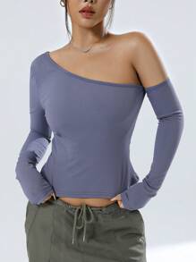 Muchica 純色斜領t恤 - 霧霾藍 - 查看 5