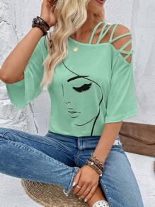 EMERY ROSE Asymmetric Collar Character Pattern T-Shirt Graphic Tees Women Tops - Mint Green - View 4