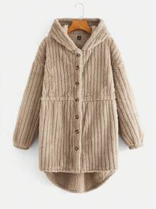 SHEIN Abrigo con capucha de unicolor esponjoso de maternidad con diseño de hombros caídos, para invierno - Caqui - Ver 6