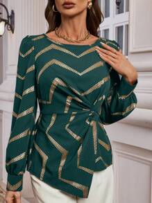 SHEIN Clasi 金色印花圓領扭轉前短長袖襯衫 - 墨綠色 - 查看 5