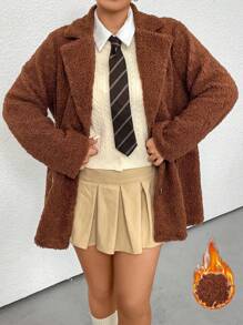 Flirla 加抽繩腰翻領泰迪大衣 - 棕色 - 查看 4