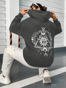 Flirla 加大码日月印花落肩抽绳卫衣 - 深灰色 - 查看 4