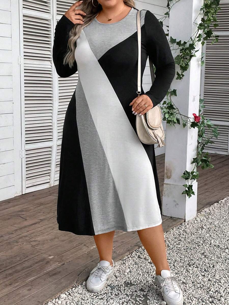 EMERY ROSE Plus Size Color Block Dress - Multicolor - View 1
