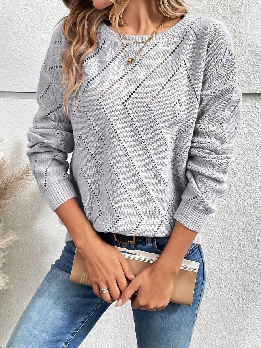 SHEIN LUNE Ladies' Hollow Out Knit Drop Shoulder Sweater - Grey - View 1