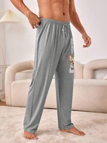 男式彈性腰家居褲,帶有字母和小狗圖案 - 灰色 - 查看 7