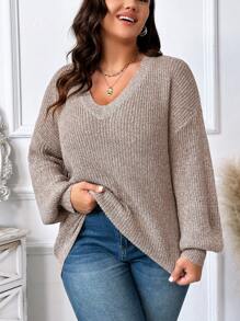SHEIN LUNE Women'S Plus Size Drop Shoulder Knitted Sweater - Brown - View 5