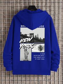 男士背面印花連帽運動衫 - 寶藍色 - 查看 1