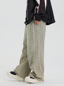 男士磨邊褶皺設計寬鬆直筒牛仔褲 - 淺色水洗藍 - 查看 2