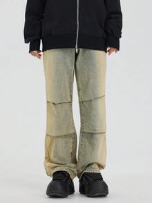 Men's Vintage Style Distressed Knee Ripped Wide Leg Jeans With Pleated Detail - Yellow - View 1