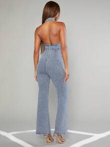 Denimoi Halter Backless Flare Leg Denim Jumpsuit - Blue - View 2
