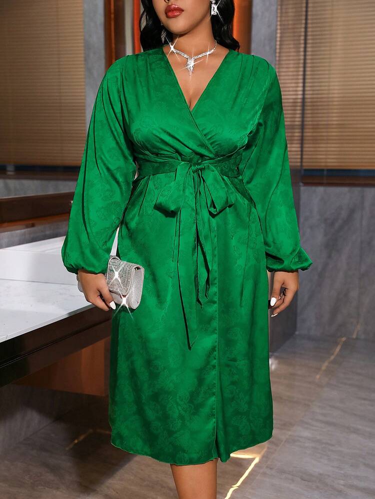 Women's Plus Size Lantern Sleeve Belted Jacquard Floral Dress
