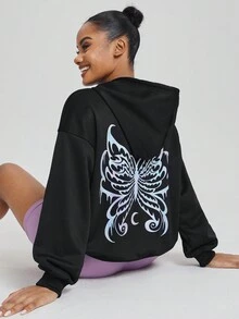 Threesuture Butterfly Print Drop Shoulder Hoodie - Black - View 1