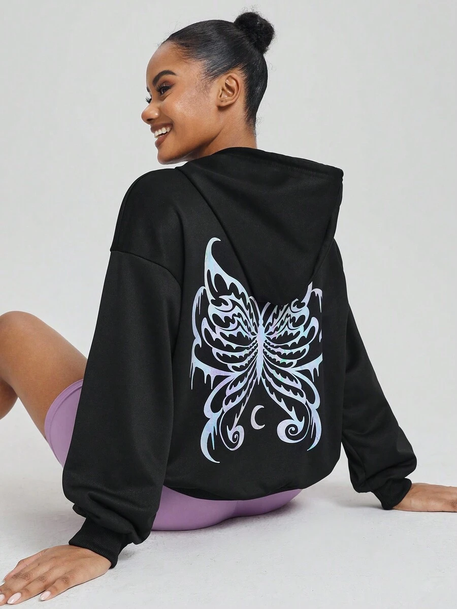 Threesuture Butterfly Print Drop Shoulder Hoodie - Black - View 1