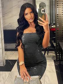 SHEIN SXY 女性露背閃爍雪紡禮服洋裝 - 黑色 - 查看 3