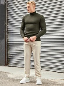 EURMUSE Suéter Simple De Cuello Alto De Color Sólido Para Hombre - Verde militar - Ver 6