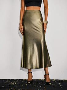 SHEIN Clasi Mermaid Tail Hem Skirt - Gold - View 5